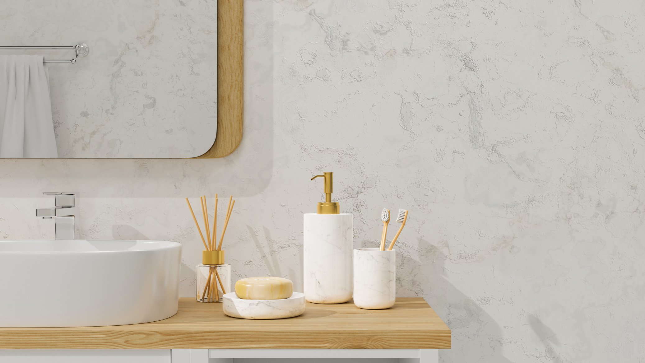 Marble bathroom with closeup basin, bathing accessories